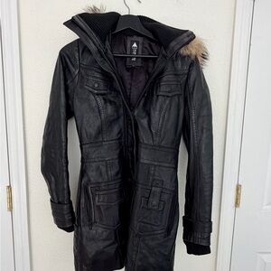 Top Gun Women’s Black Leather Long Coat Jacket Fur Hood S Genuine Leather